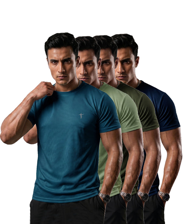 T.T. Men Dri-Fit Polyester Dot- Knit Fabric| Round Neck | Half Sleeve | Sweat-Wicking Gym & Active Wear Tees Pack Of 4 Teal,Light Green,Olive,Navy