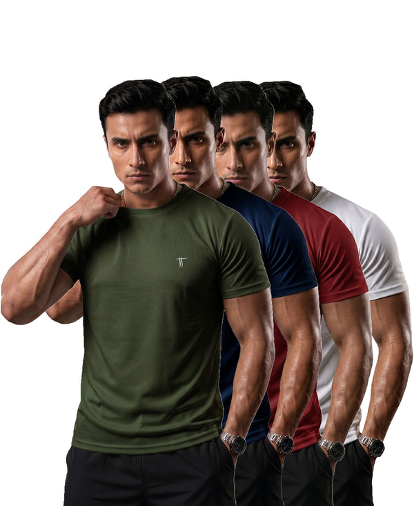 T.T. Men Dri-Fit Polyester Dot- Knit Fabric| Round Neck | Half Sleeve | Sweat-Wicking Gym & Active Wear Tees Pack Of 4 Olive,Navy,Maroon,White