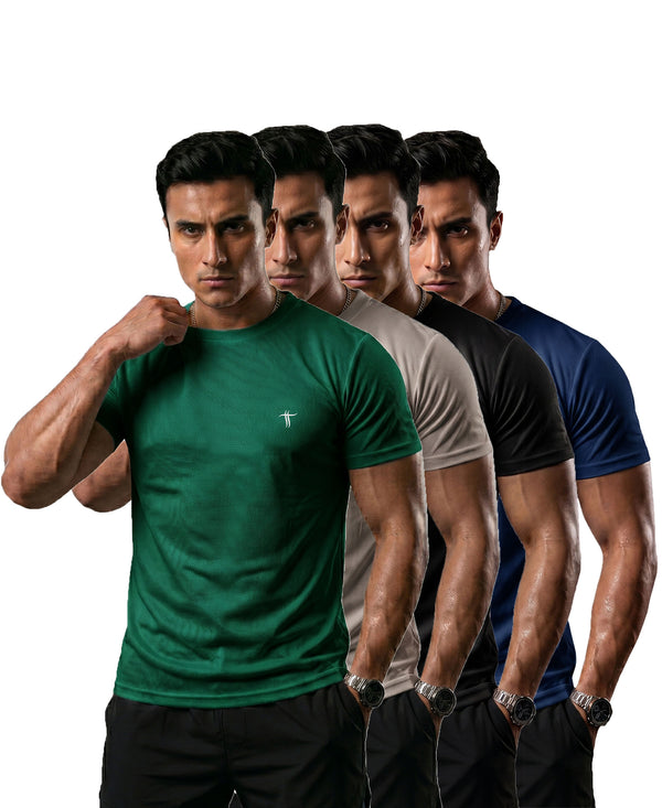 T.T. Men Dri-Fit Polyester Dot- Knit Fabric| Round Neck | Half Sleeve | Sweat-Wicking Gym & Active Wear Tees Pack Of 4 Green,Light Grey,Black,Navy