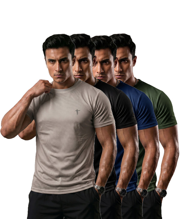 T.T. Men Dri-Fit Polyester Dot- Knit Fabric| Round Neck | Half Sleeve | Sweat-Wicking Gym & Active Wear Tees Pack Of 4 Light Grey,Black,Navy,Olive