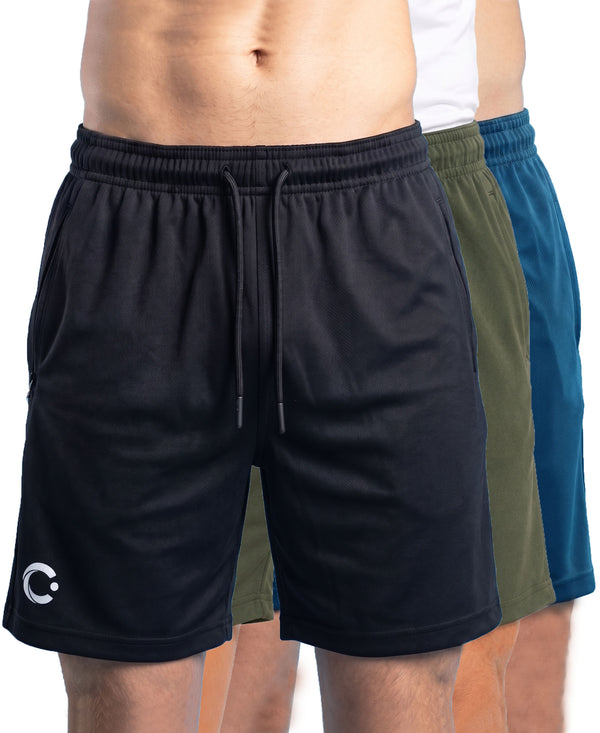 T.T. Men|Dri Fit Sports Short|Regular Fit|Side Pocket|Ideal For Gym, Sports & Daily Wear|Pack Of 3-Black,Olive,Teal