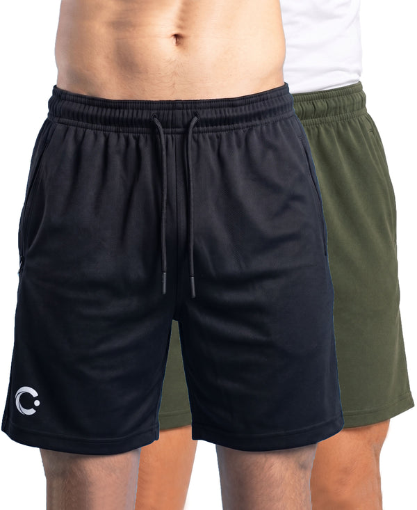 T.T. Men|Dri Fit Sports Short|Regular Fit|Side Pocket|Ideal For Gym, Sports & Daily Wear|Pack Of 2-Black,Olive