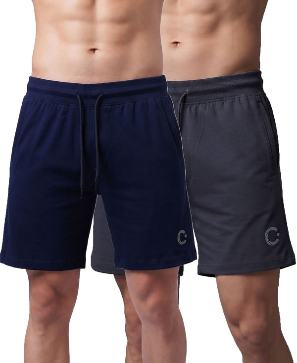 T.T. Men Regular Fit Cotton Bermuda Short With Rib Band | Side Pocket | Pack Of 2-Navy,Steel Grey