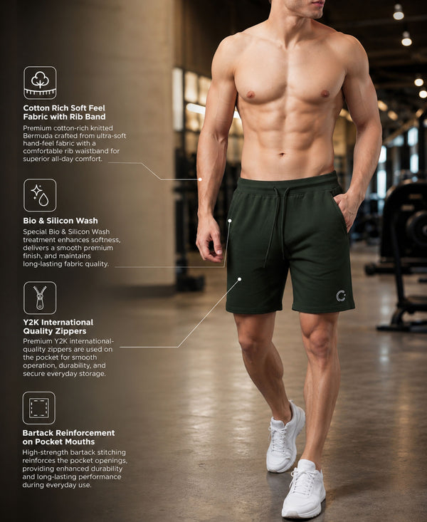 T.T. Men Regular Fit Cotton Bermuda Short With Rib Band | Side Pocket | Pack Of 1-Green