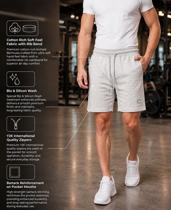T.T. Men Regular Fit Cotton Bermuda Short With Rib Band | Side Pocket | Pack Of 3-Green,Steel Grey,Grey Melange