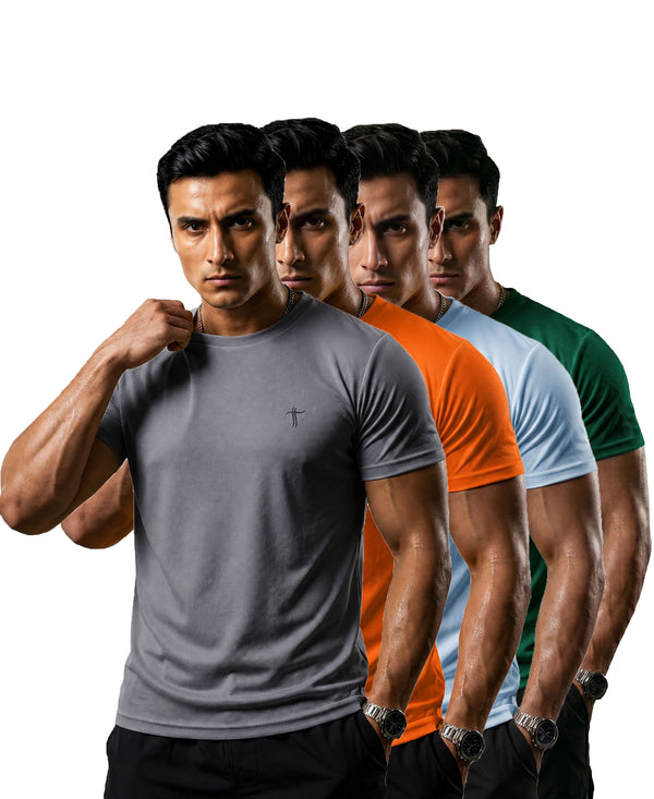 T.T. Men Dri-Fit Polyester Dot- Knit Fabric| Round Neck | Half Sleeve | Sweat-Wicking Gym & Active Wear Tees Pack Of 4 Steel Grey,Orange,Light Blue,Green