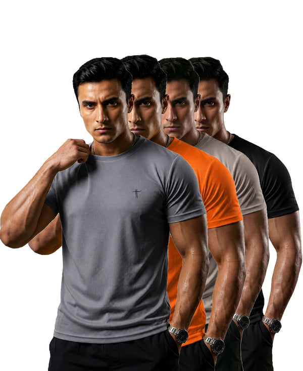T.T. Men Dri-Fit Polyester Dot- Knit Fabric| Round Neck | Half Sleeve | Sweat-Wicking Gym & Active Wear Tees Pack Of 4 Steel Grey,Orange,Light Grey,Black