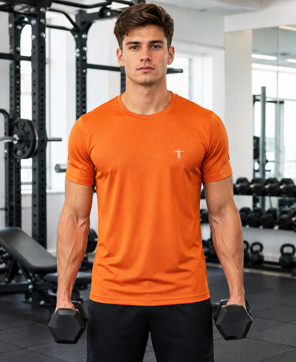 T.T. Men Dri-Fit Polyester Dot- Knit Fabric| Round Neck | Half Sleeve | Sweat-Wicking Gym & Active Wear Tees Pack Of 4 Steel Grey,Orange,Light Grey,Black