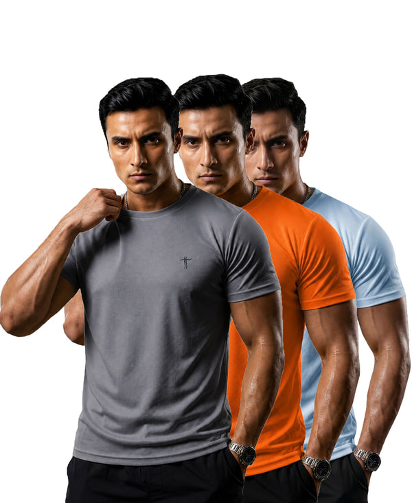 T.T. Men Dri-Fit Polyester Dot- Knit Fabric| Round Neck | Half Sleeve | Sweat-Wicking Gym & Active Wear Tees Pack Of 3 Steel Grey,Orange,Light Blue
