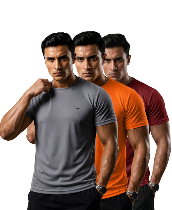 T.T. Men Dri-Fit Polyester Dot- Knit Fabric| Round Neck | Half Sleeve | Sweat-Wicking Gym & Active Wear Tees Pack Of 3 Steel Grey,Orange,Maroon