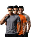 T.T. Men Dri-Fit Polyester Dot- Knit Fabric| Round Neck | Half Sleeve | Sweat-Wicking Gym & Active Wear Tees Pack Of 3 Steel Grey,Orange,Light Grey