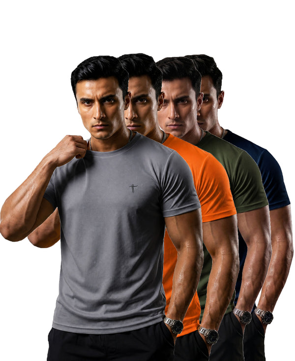 T.T. Men Dri-Fit Polyester Dot- Knit Fabric| Round Neck | Half Sleeve | Sweat-Wicking Gym & Active Wear Tees Pack Of 4 Steel Grey,Orange,Dark Green,Navy