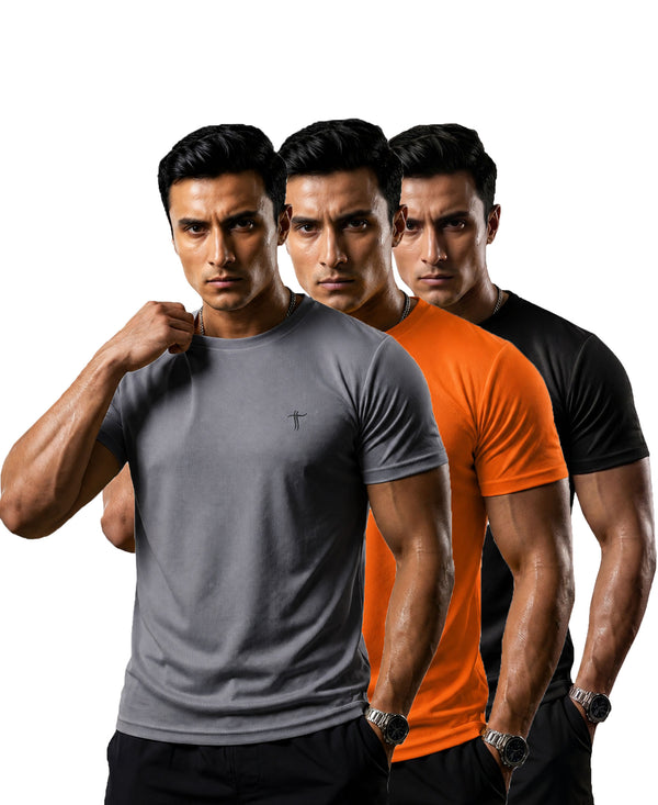 T.T. Men Dri-Fit Polyester Dot- Knit Fabric| Round Neck | Half Sleeve | Sweat-Wicking Gym & Active Wear Tees Pack Of 3 Steel Grey,Orange,Black