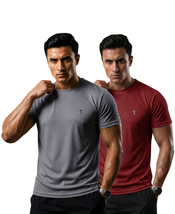 T.T. Men Dri-Fit Polyester Dot- Knit Fabric| Round Neck | Half Sleeve | Sweat-Wicking Gym & Active Wear Tees Pack Of 2 Steel Grey,Maroon