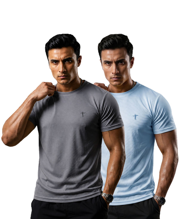 T.T. Men Dri-Fit Polyester Dot- Knit Fabric| Round Neck | Half Sleeve | Sweat-Wicking Gym & Active Wear Tees Pack Of 2 Steel Grey,Light Blue