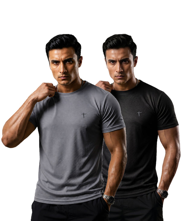 T.T. Men Dri-Fit Polyester Dot- Knit Fabric| Round Neck | Half Sleeve | Sweat-Wicking Gym & Active Wear Tees Pack Of 2 Steel Grey,Black