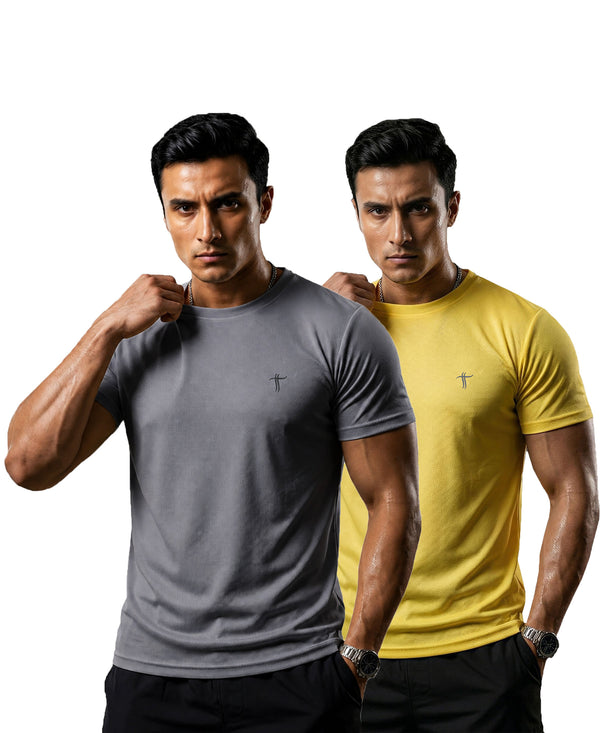 T.T. Men Dri-Fit Polyester Dot- Knit Fabric| Round Neck | Half Sleeve | Sweat-Wicking Gym & Active Wear Tees Pack Of 2 Steel Grey,Yellow