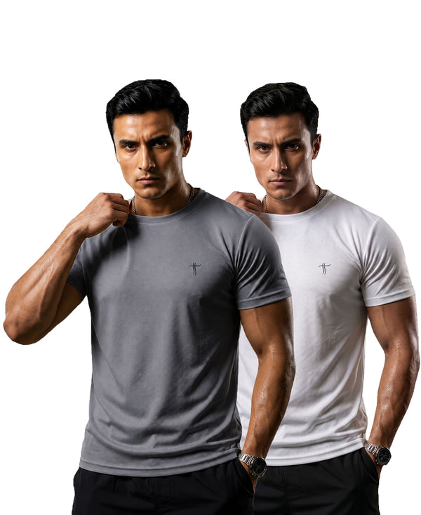 T.T. Men Dri-Fit Polyester Dot- Knit Fabric| Round Neck | Half Sleeve | Sweat-Wicking Gym & Active Wear Tees Pack Of 2 Steel Grey,White