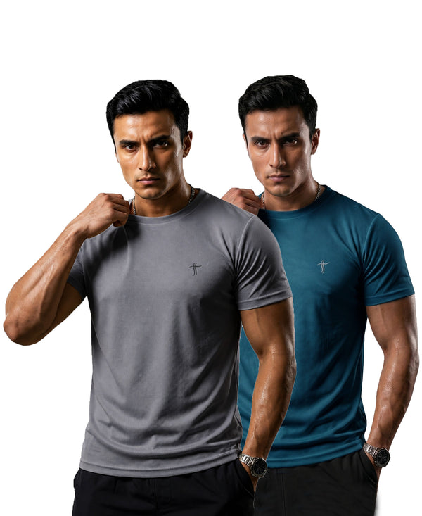 T.T. Men Dri-Fit Polyester Dot- Knit Fabric| Round Neck | Half Sleeve | Sweat-Wicking Gym & Active Wear Tees Pack Of 2 Steel Grey,Teal
