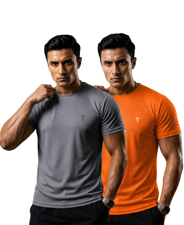 T.T. Men Dri-Fit Polyester Dot- Knit Fabric| Round Neck | Half Sleeve | Sweat-Wicking Gym & Active Wear Tees Pack Of 2 Steel Grey,Orange