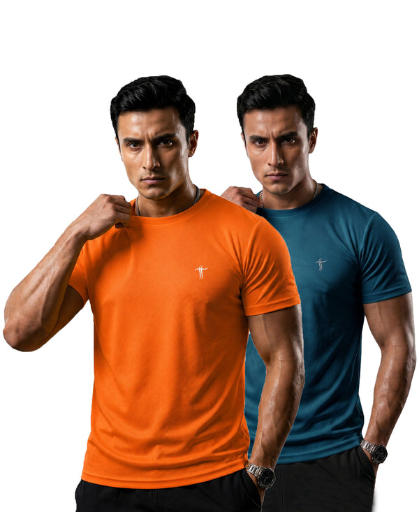 T.T. Men Dri-Fit Polyester Dot- Knit Fabric| Round Neck | Half Sleeve | Sweat-Wicking Gym & Active Wear Tees Pack Of 2 Orange,Teal