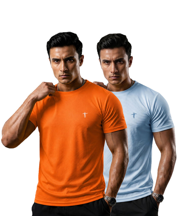 T.T. Men Dri-Fit Polyester Dot- Knit Fabric| Round Neck | Half Sleeve | Sweat-Wicking Gym & Active Wear Tees Pack Of 2 Orange,Light Blue