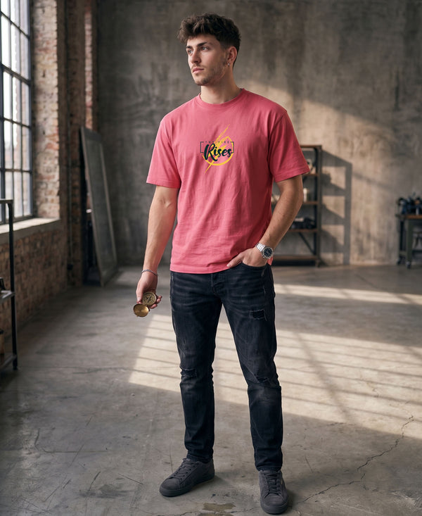 T.T. Men|Oversized Printed T-Shirt|Round Neck|Soft Breathable Cotton Fabric | Street , Casual & Outdoor Wear Tees|Rise Print|Pink