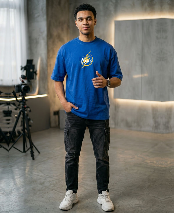 T.T. Men|Oversized Printed T-Shirt|Round Neck|Soft Breathable Cotton Fabric | Street , Casual & Outdoor Wear Tees|Rise Print|Royal Blue
