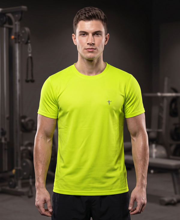 T.T. Men Dri-Fit Polyester Dot- Knit Fabric| Round Neck | Half Sleeve | Sweat-Wicking Gym & Active Wear TeesNeon Green