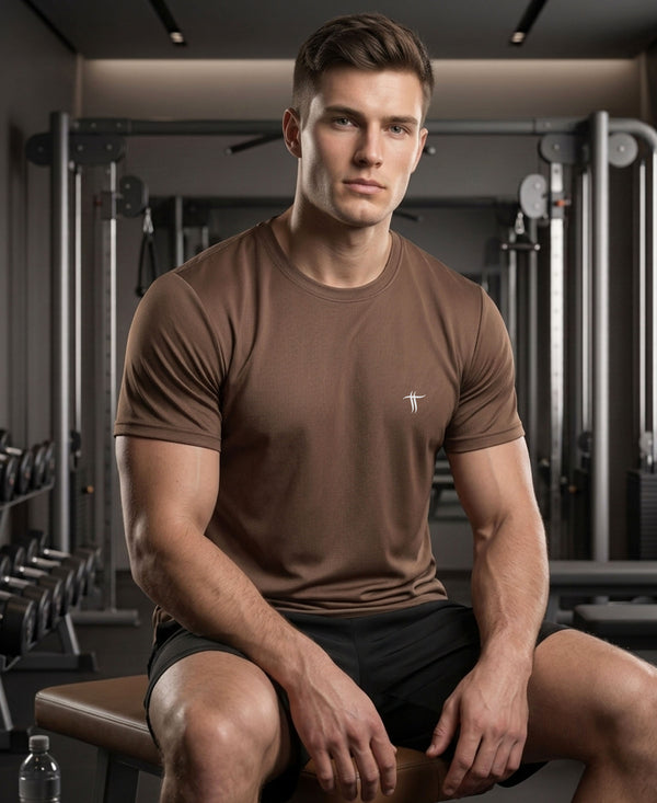 T.T. Men Dri-Fit Polyester Dot- Knit Fabric| Round Neck | Half Sleeve | Sweat-Wicking Gym & Active Wear TeesBrown
