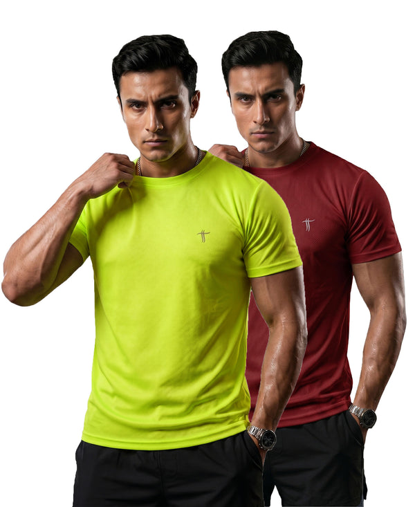 T.T. Men Dri-Fit Polyester Dot- Knit Fabric| Round Neck | Half Sleeve | Sweat-Wicking Gym & Active Wear Tees Pack Of 2 Neon Green,Maroon