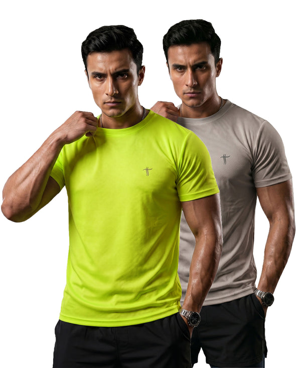 T.T. Men Dri-Fit Polyester Dot- Knit Fabric| Round Neck | Half Sleeve | Sweat-Wicking Gym & Active Wear Tees Pack Of 2 Neon Green,Light Grey