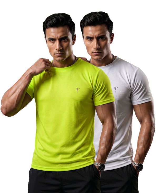 T.T. Men Dri-Fit Polyester Dot- Knit Fabric| Round Neck | Half Sleeve | Sweat-Wicking Gym & Active Wear Tees Pack Of 2 Neon Green,White
