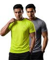 T.T. Men Dri-Fit Polyester Dot- Knit Fabric| Round Neck | Half Sleeve | Sweat-Wicking Gym & Active Wear Tees Pack Of 2 Neon Green,Steel Grey