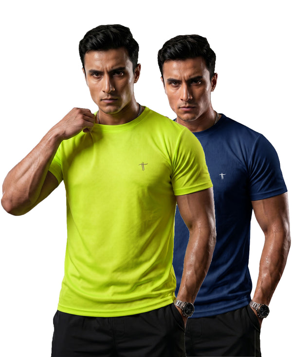 T.T. Men Dri-Fit Polyester Dot- Knit Fabric| Round Neck | Half Sleeve | Sweat-Wicking Gym & Active Wear Tees Pack Of 2 Neon Green,Blue