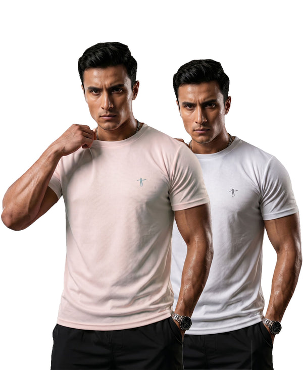 T.T. Men Dri-Fit Polyester Dot- Knit Fabric| Round Neck | Half Sleeve | Sweat-Wicking Gym & Active Wear Tees Pack Of 2 Movie-White