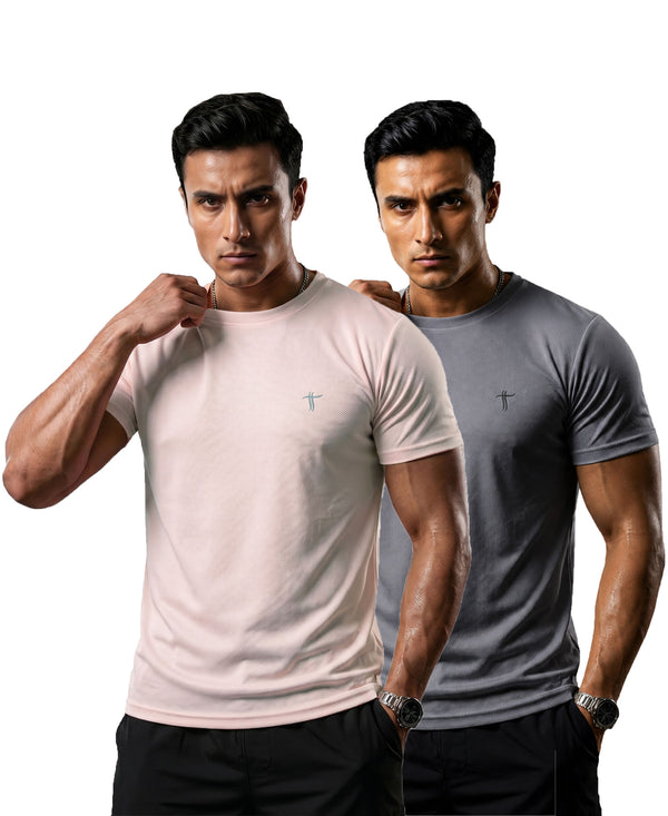 T.T. Men Dri-Fit Polyester Dot- Knit Fabric| Round Neck | Half Sleeve | Sweat-Wicking Gym & Active Wear Tees Pack Of 2 Movie-Steel Grey