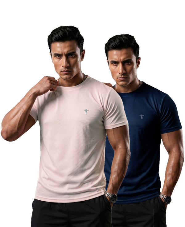 T.T. Men Dri-Fit Polyester Dot- Knit Fabric| Round Neck | Half Sleeve | Sweat-Wicking Gym & Active Wear Tees Pack Of 2 Movie-Navy