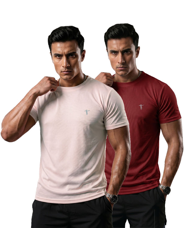 T.T. Men Dri-Fit Polyester Dot- Knit Fabric| Round Neck | Half Sleeve | Sweat-Wicking Gym & Active Wear Tees Pack Of 2 Movie-Maroon