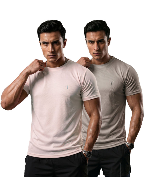 T.T. Men Dri-Fit Polyester Dot- Knit Fabric| Round Neck | Half Sleeve | Sweat-Wicking Gym & Active Wear Tees Pack Of 2 Movie-Light Grey