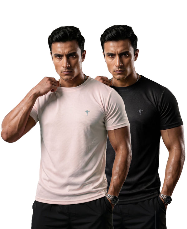T.T. Men Dri-Fit Polyester Dot- Knit Fabric| Round Neck | Half Sleeve | Sweat-Wicking Gym & Active Wear Tees Pack Of 2 Movie,Black