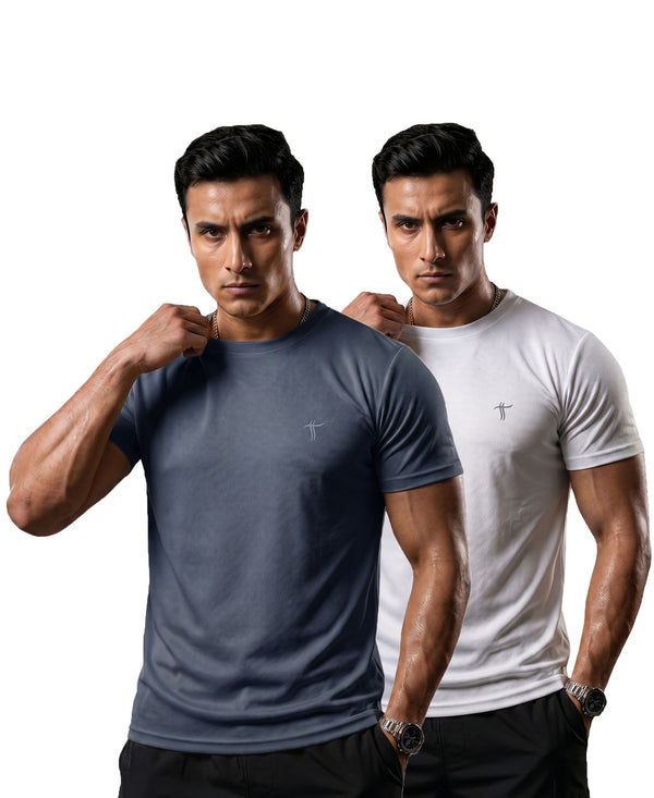 T.T. Men Dri-Fit Polyester Dot- Knit Fabric| Round Neck | Half Sleeve | Sweat-Wicking Gym & Active Wear Tees Pack Of 2 Dark Grey,White