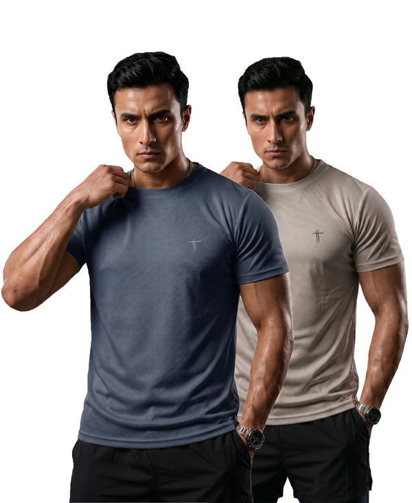 T.T. Men Dri-Fit Polyester Dot- Knit Fabric| Round Neck | Half Sleeve | Sweat-Wicking Gym & Active Wear Tees Pack Of 2 Dark Grey,Light Grey