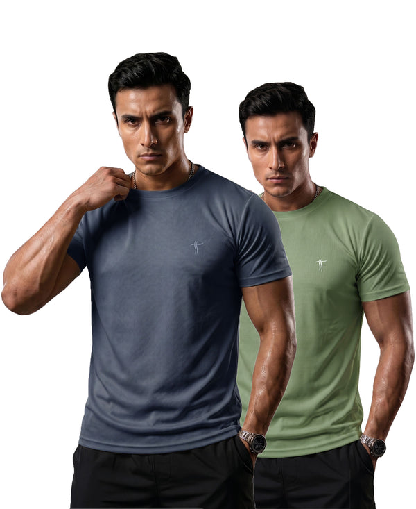 T.T. Men Dri-Fit Polyester Dot- Knit Fabric| Round Neck | Half Sleeve | Sweat-Wicking Gym & Active Wear Tees Pack Of 2 Dark Grey,Light Green