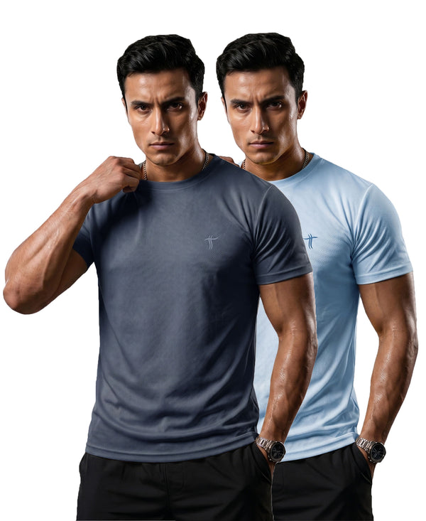 T.T. Men Dri-Fit Polyester Dot- Knit Fabric| Round Neck | Half Sleeve | Sweat-Wicking Gym & Active Wear Tees Pack Of 2 Dark Grey,Light Blue