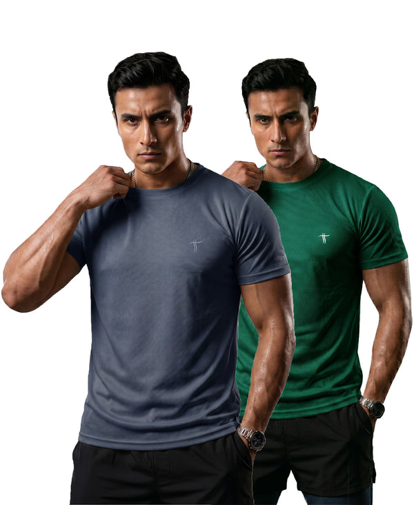 T.T. Men Dri-Fit Polyester Dot- Knit Fabric| Round Neck | Half Sleeve | Sweat-Wicking Gym & Active Wear Tees Pack Of 2 Dark Grey,Green
