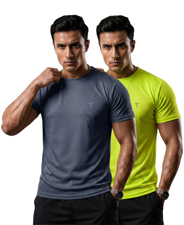 T.T. Men Dri-Fit Polyester Dot- Knit Fabric| Round Neck | Half Sleeve | Sweat-Wicking Gym & Active Wear Tees Pack Of 2 Dark Grey,Neon Green