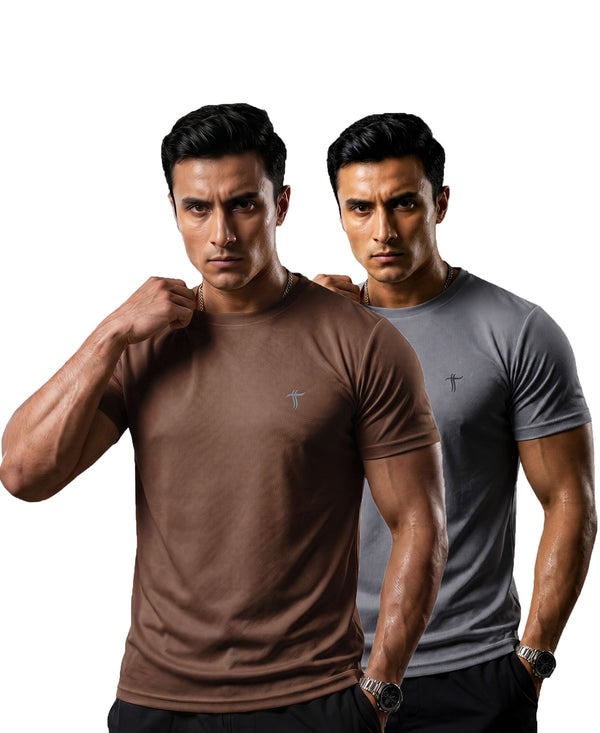T.T. Men Dri-Fit Polyester Dot- Knit Fabric| Round Neck | Half Sleeve | Sweat-Wicking Gym & Active Wear Tees Pack Of 2 Brown,Steel Grey