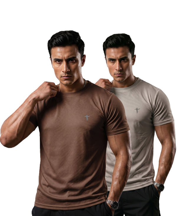 T.T. Men Dri-Fit Polyester Dot- Knit Fabric| Round Neck | Half Sleeve | Sweat-Wicking Gym & Active Wear Tees Pack Of 2 Brown,Light Grey