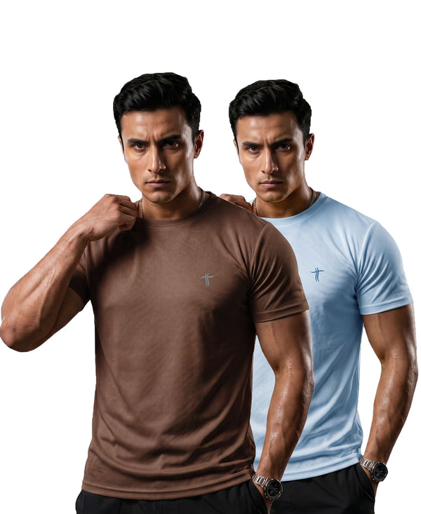 T.T. Men Dri-Fit Polyester Dot- Knit Fabric| Round Neck | Half Sleeve | Sweat-Wicking Gym & Active Wear Tees Pack Of 2 Brown,Light Blue